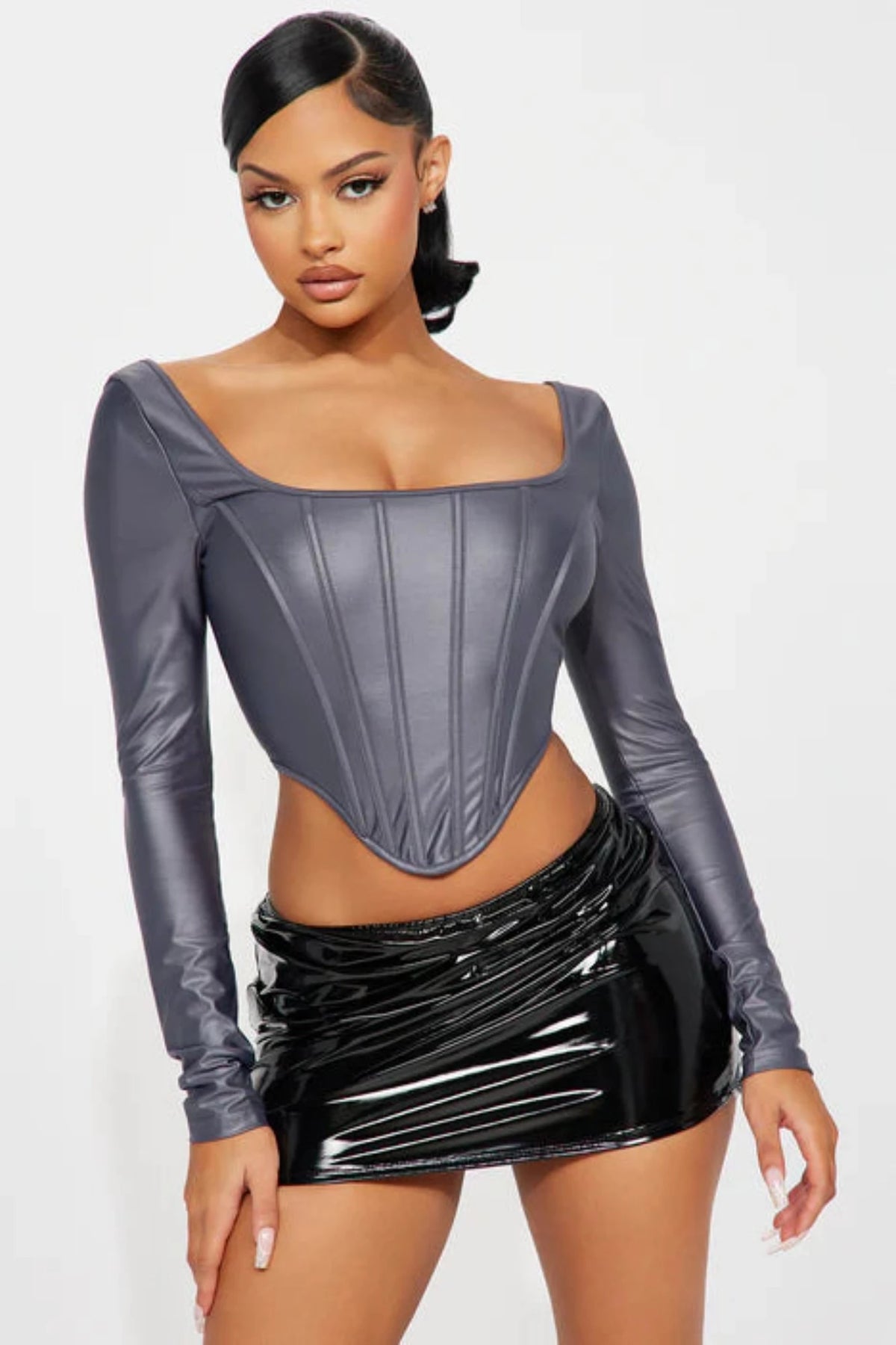 Phoebe Faux Leather Corset Top - Charcoal