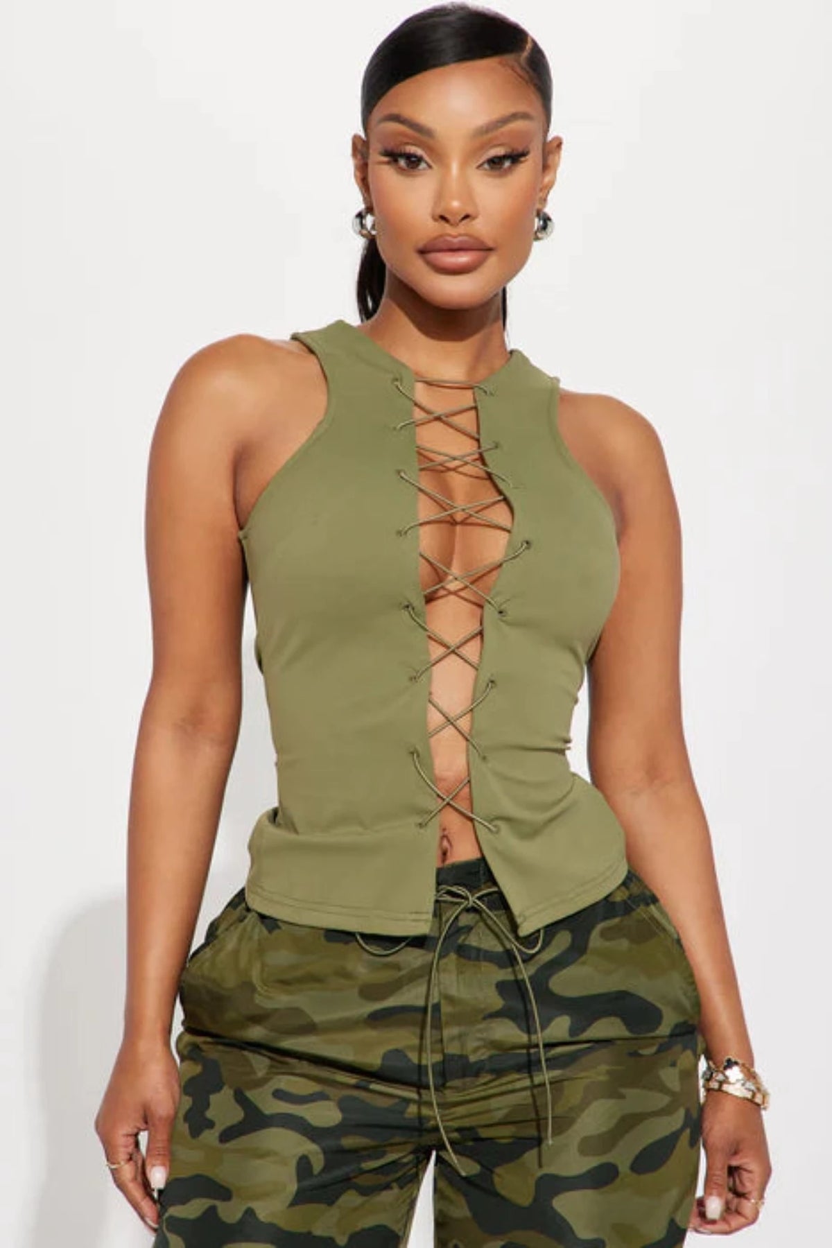 Cool Girl Lace Up Top - Olive