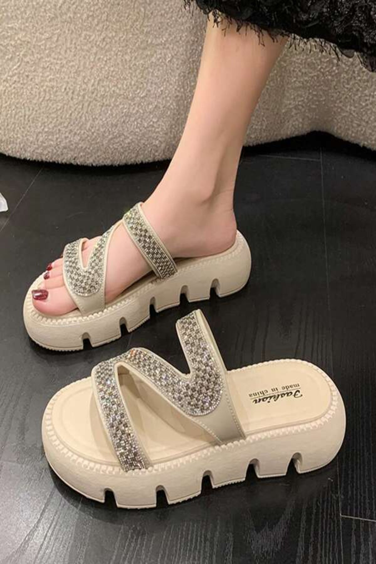 Glamorous Slide Sandals For Women, Rhinestone Decor Cut Out Design Flat Sandals