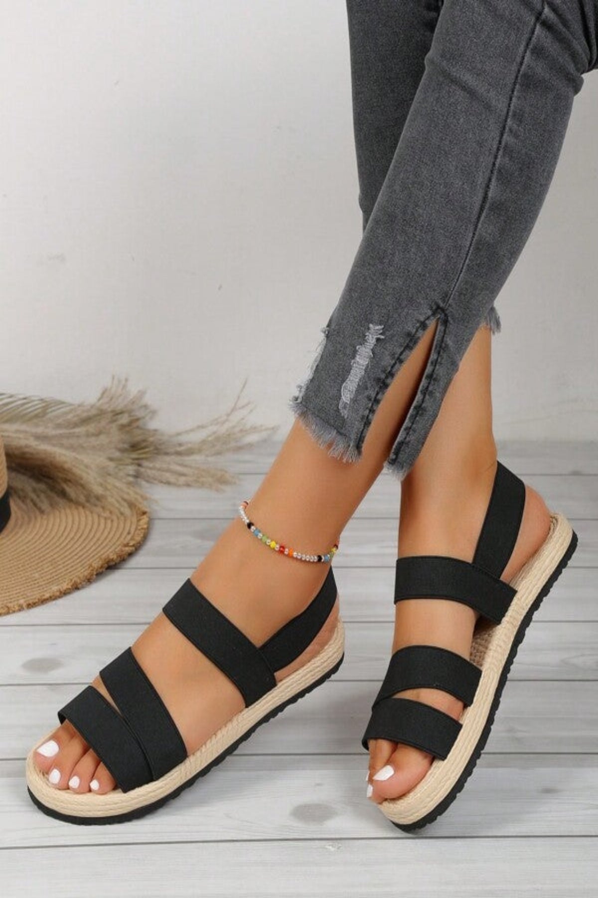 Women Multi Strap Flat Sandals, Vacation Black Fabric Slingback Sandals