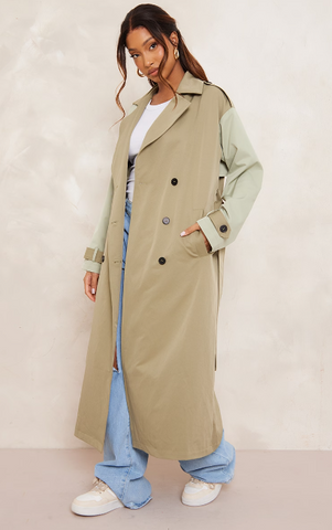 KHAKI BELTED TWO TONE TRENCH COAT
