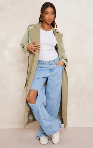 KHAKI BELTED TWO TONE TRENCH COAT