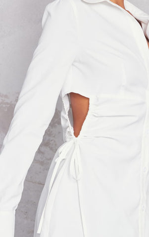 WHITE WOVEN RUCHED CUT OUT DETAIL SHIRT DRESS