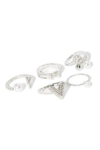 Quite The Pearl 5 Piece Ring Set  - Silver