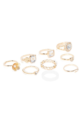 Crown Me 9 Piece Ring Set - Gold/Clear