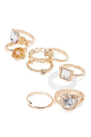 Crown Me 9 Piece Ring Set - Gold/Clear