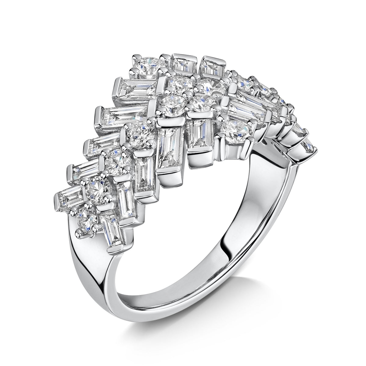 18ct White Gold Brilliant & Baguette-Cut Diamond Jazz Dress Ring 1.83ct