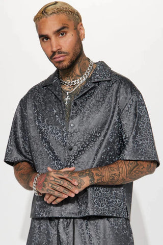 Always Incognito Faux Leather Short Sleeve Button Up - Grey