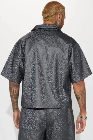 Always Incognito Faux Leather Short Sleeve Button Up - Grey