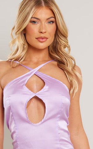 LILAC SATIN CROSS NECK KEYHOLE CUT OUT BODYCON DRESS