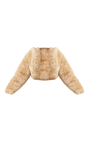 BEIGE TEDDY BEAR HOODED EAR FAUX FUR COAT