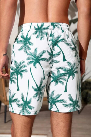Men Coconut Tree Print Drawstring Waist Swim Trunks