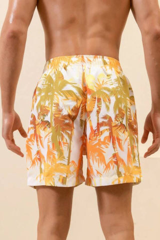 Men Tropical Print Drawstring Waist Swim Trunks