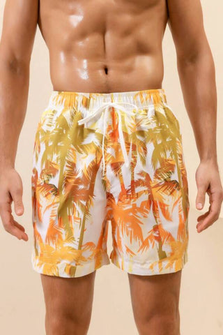 Men Tropical Print Drawstring Waist Swim Trunks