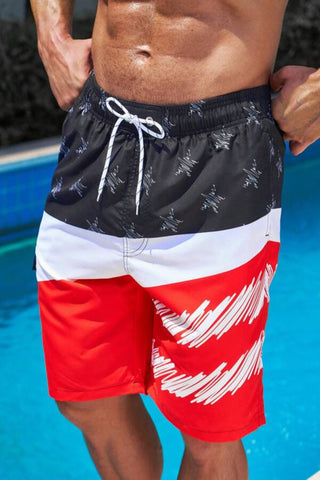 Men Star Print Colorblock Drawstring Waist Swim Trunks