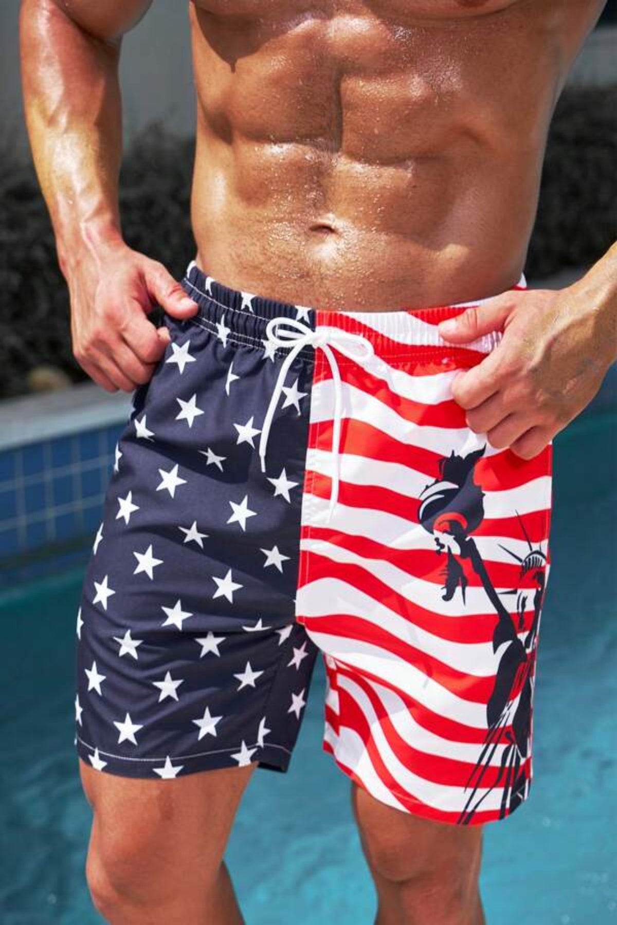 Men Americana Print Drawstring Waist Swim Trunks
