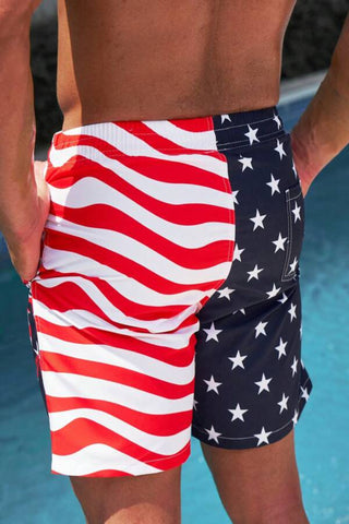 Men Americana Print Drawstring Waist Swim Trunks