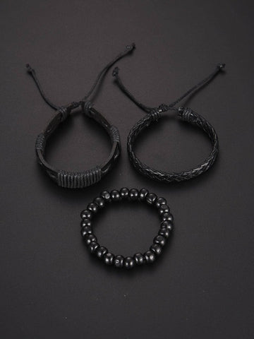 Men Black Zinc Alloy Strap Business Round Dial Quartz Watch & 3pcs Bracelet