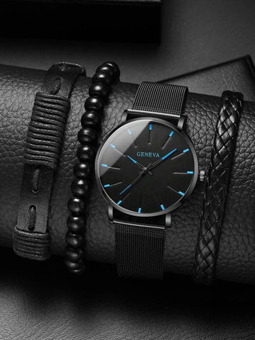 Men Black Zinc Alloy Strap Business Round Dial Quartz Watch & 3pcs Bracelet