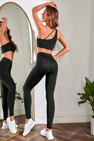One Shoulder Cut Out Contrast Mesh Sports Set