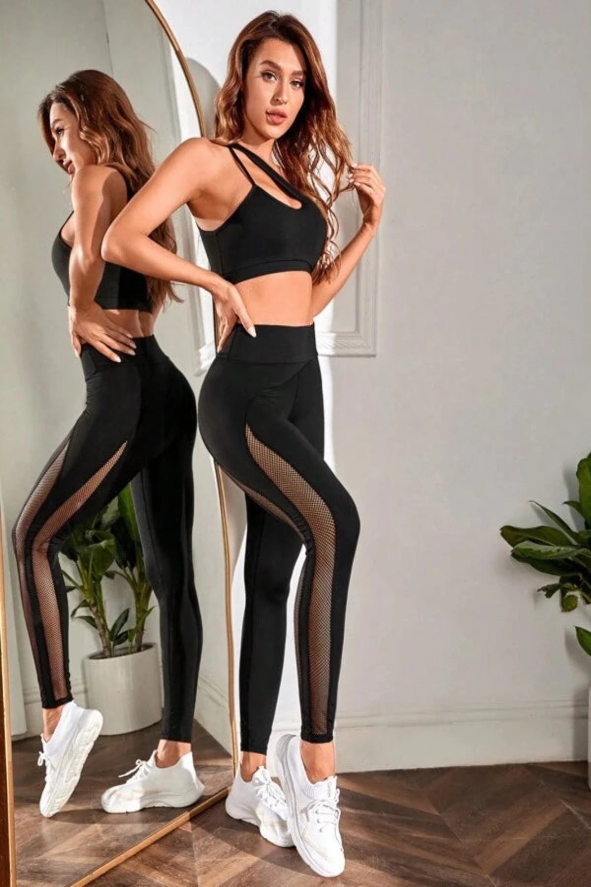 One Shoulder Cut Out Contrast Mesh Sports Set
