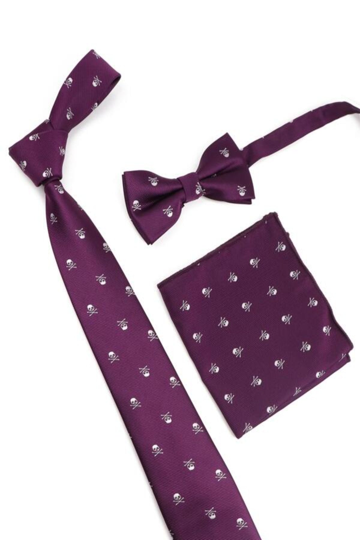 3pcs Men Skull Print Tie & Bowtie & Handkerchief