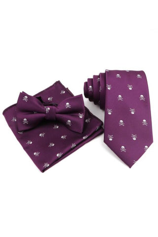 3pcs Men Skull Print Tie & Bowtie & Handkerchief