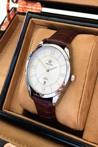 Men Brown PU Polyurethane Strap Fashionable Date Water Resistance Round Dial Quartz Watch