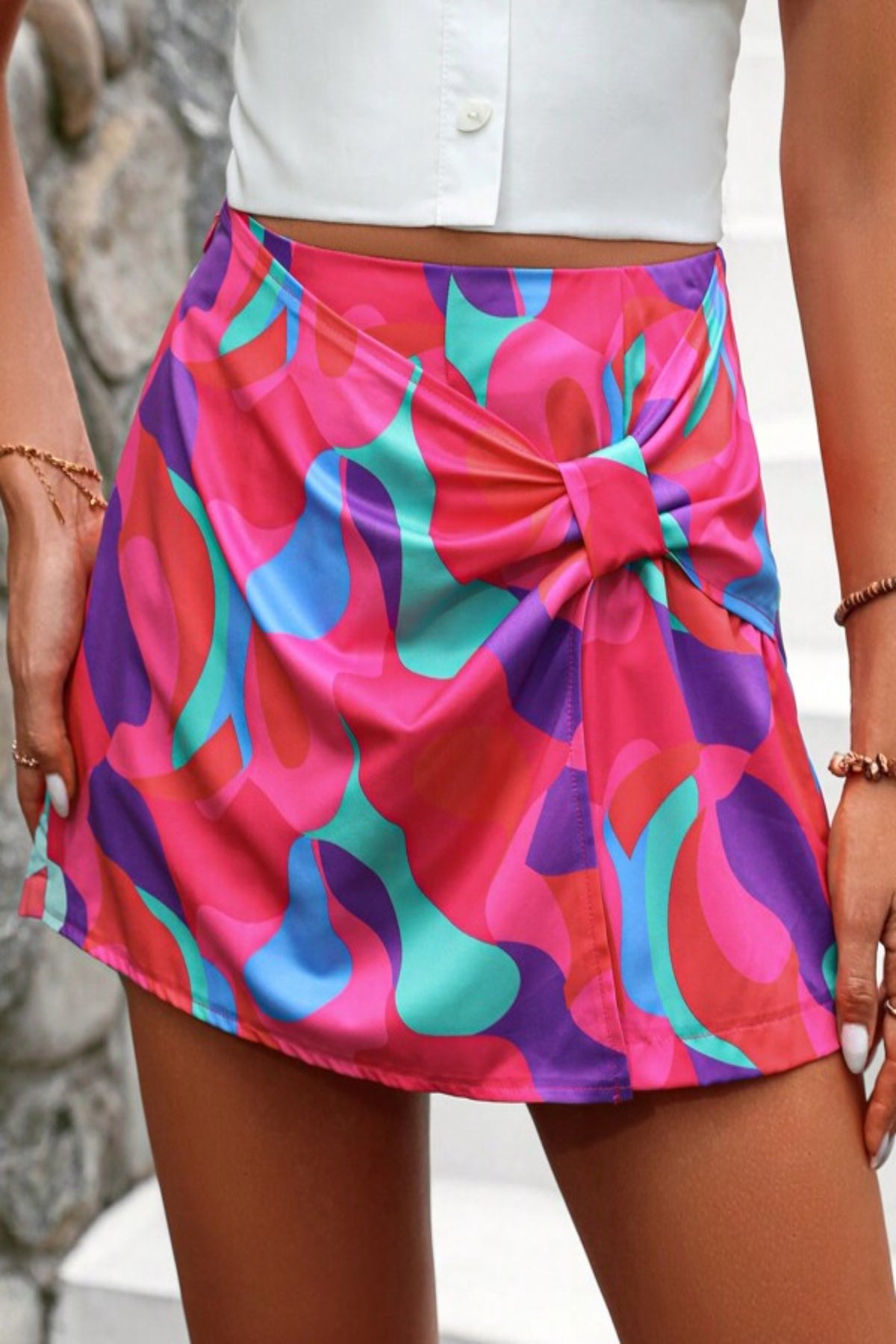 Allover Print Ruched Wrap Front Skirt