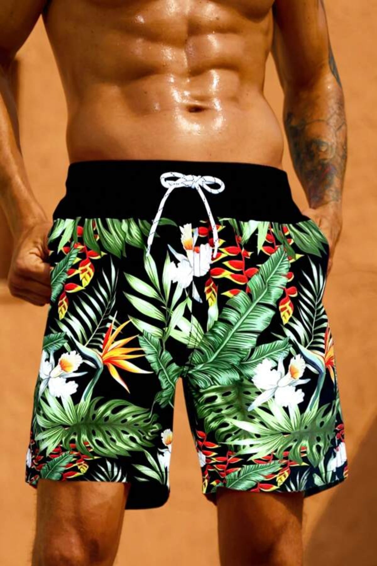 Men Tropical Print Drawstring Waist Swim Trunks