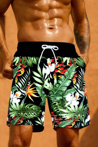 Men Tropical Print Drawstring Waist Swim Trunks