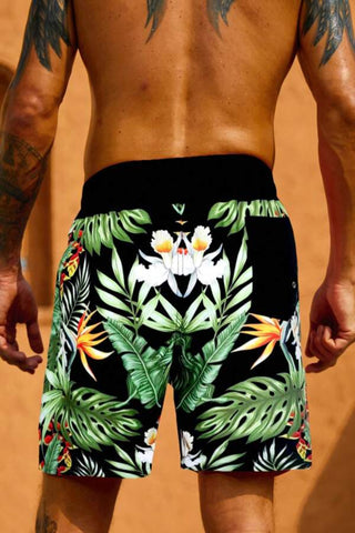 Men Tropical Print Drawstring Waist Swim Trunks