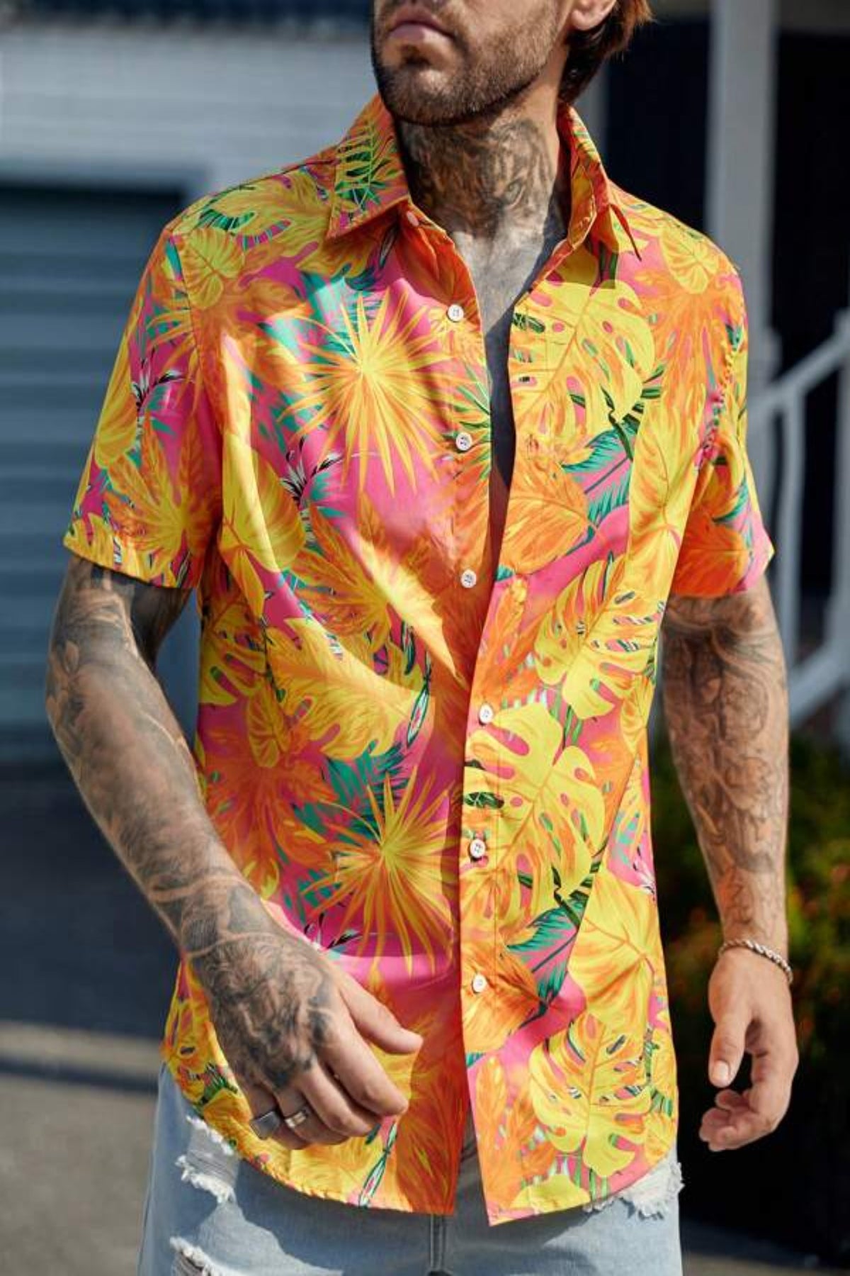 Men Tropical Print Shirt Without Necklace