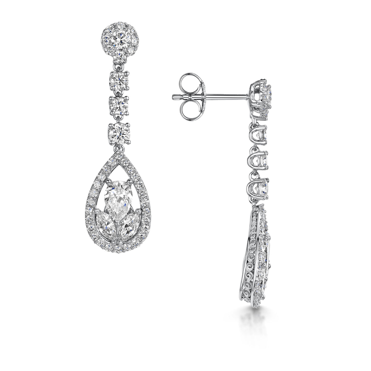18ct White Gold Brilliant, Marquise & Pear-Cut Diamond Drop Earrings 2.38ct