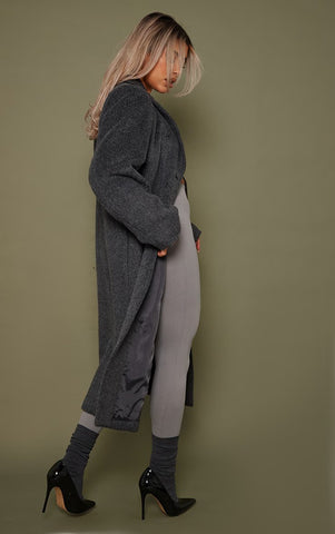 GREY BRUSHED WOOL LOOK LONGLINE COAT