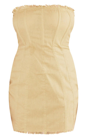 LINEN LOOK BANDEAU BINDING DETAIL FRAYED HEM BODYCON DRESS