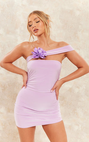 SLINKY RUCHED ROSETTE DETAIL BODYCON DRESS