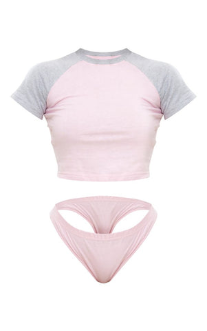 BABY PINK RAGLAN SHORT SLEEVE CROP TOP & BRIEF SET