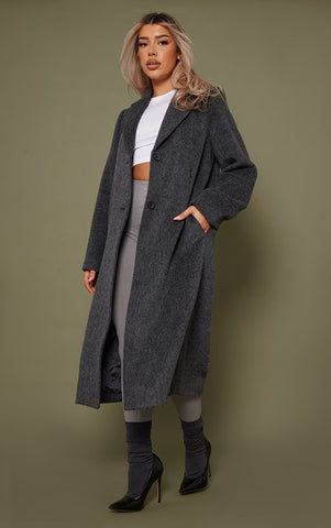 GREY BRUSHED WOOL LOOK LONGLINE COAT