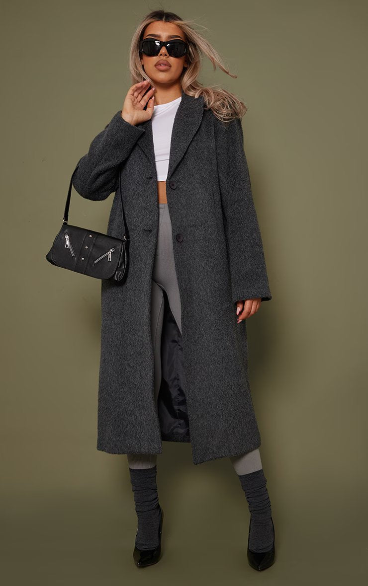 GREY BRUSHED WOOL LOOK LONGLINE COAT