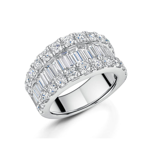 18ct White Gold Brilliant & Baguette-Cut Diamond 3 Row Half Eternity Ring 4.23ct
