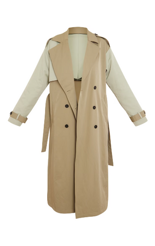 KHAKI BELTED TWO TONE TRENCH COAT