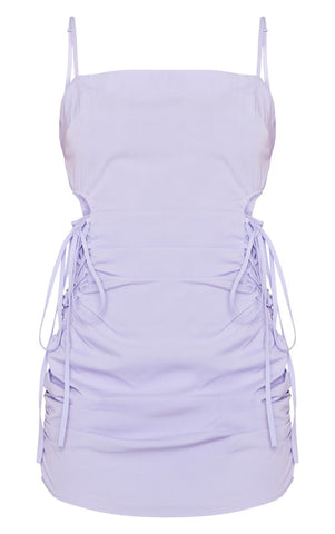 LILAC WOVEN CUT OUT SIDE RUCHED BODYCON DRESS