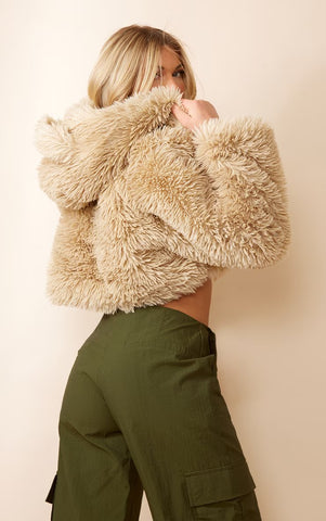 BEIGE TEDDY BEAR HOODED EAR FAUX FUR COAT
