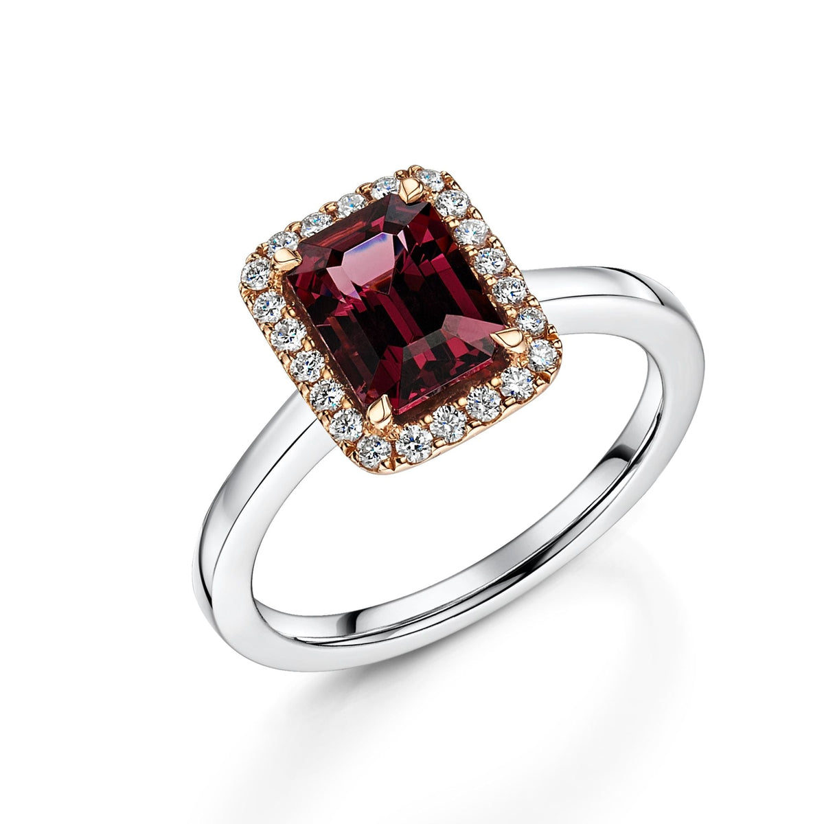 18ct White & Rose Gold Emerald-Cut Rhodolite & Brilliant-Cut Diamond Cluster Ring 1.92ct