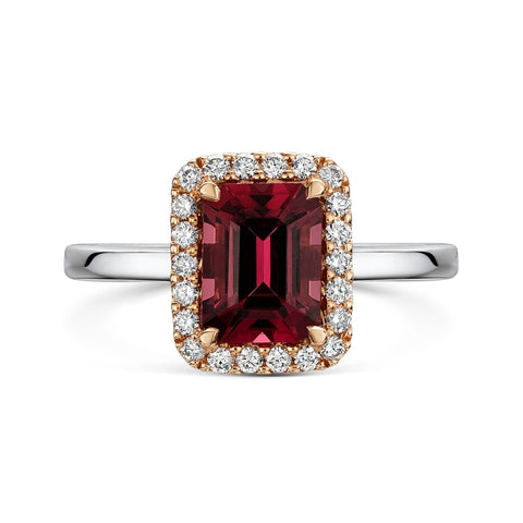 18ct White & Rose Gold Emerald-Cut Rhodolite & Brilliant-Cut Diamond Cluster Ring 1.92ct