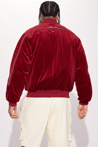 Makes Me Happy Velvet Luxe Bomber Jacket - Burgundy