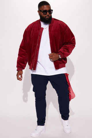 Makes Me Happy Velvet Luxe Bomber Jacket - Burgundy