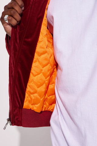 Makes Me Happy Velvet Luxe Bomber Jacket - Burgundy