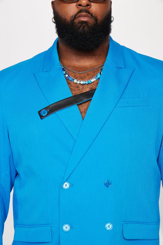 Modern Gabardine Strap Double Breasted Blazer - Blue
